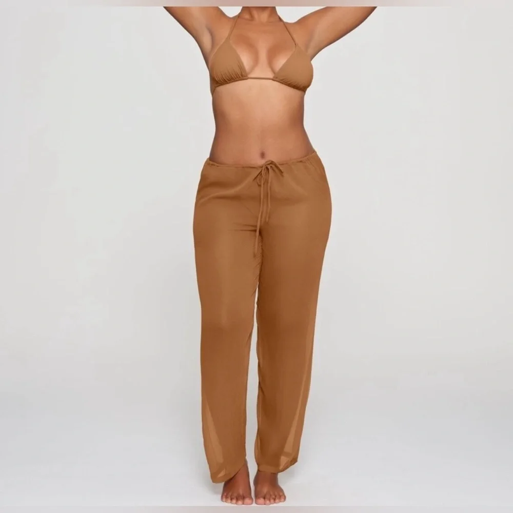 SKIMS 3X Swimwear Crinkle Silk Coverup Pants in Almond Color Sheer Pullon lounge
